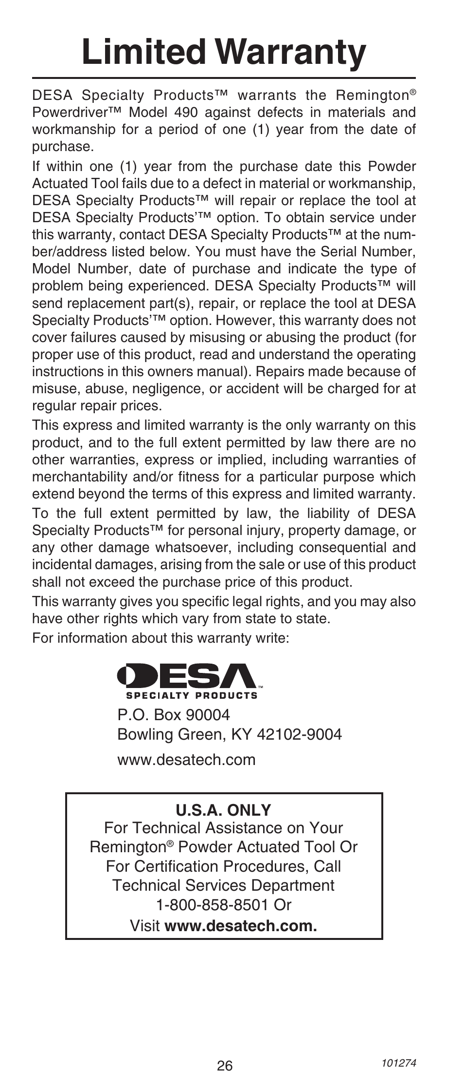 Limited warranty | Remington 490 User Manual | Page 26 / 80