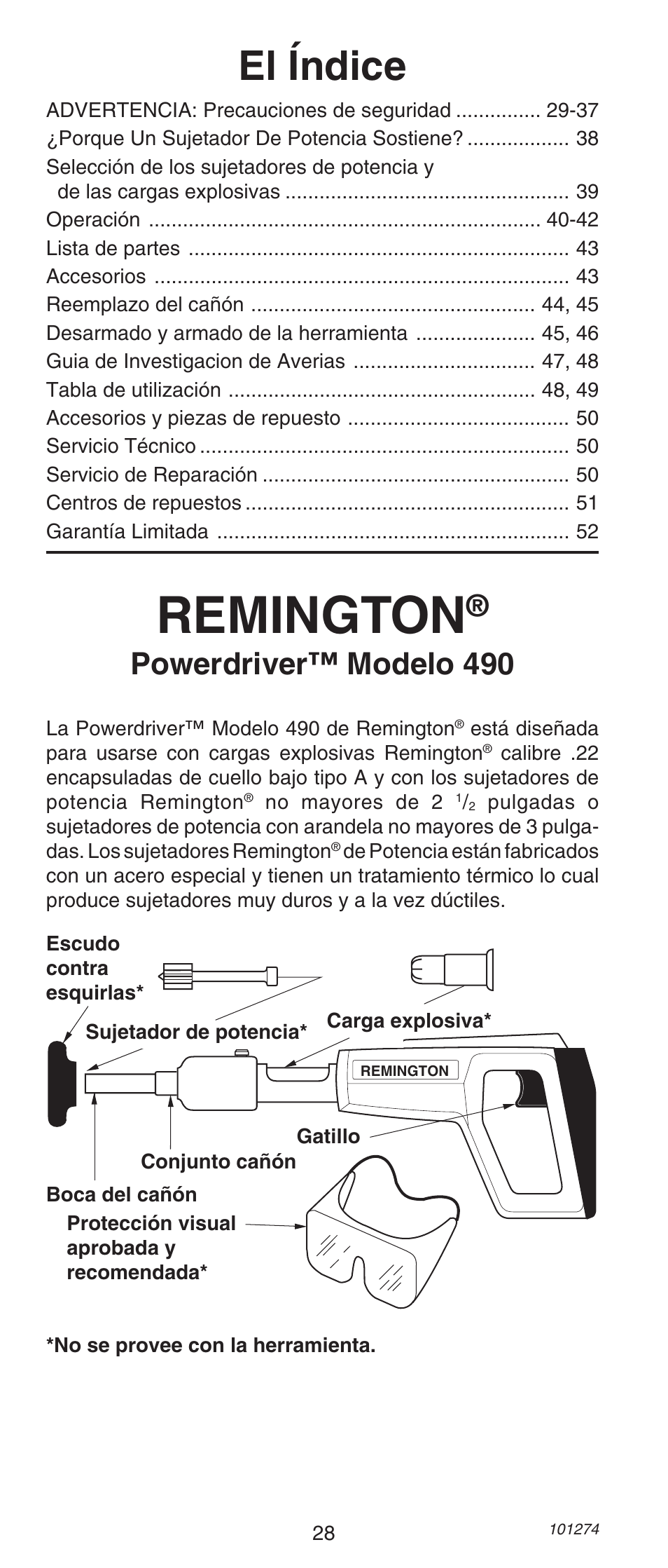 Remington, El índice, Powerdriver™ modelo 490 | Remington 490 User Manual | Page 28 / 80