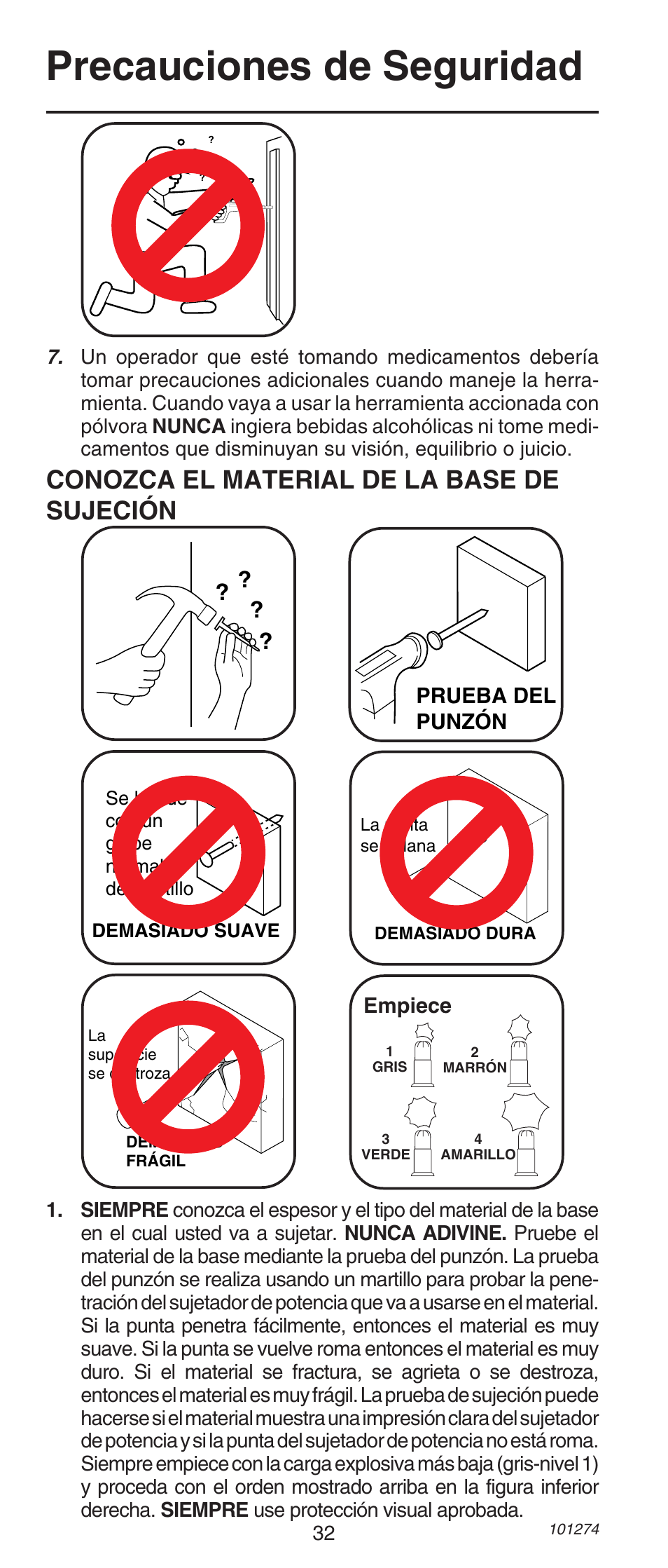 Precauciones de seguridad, Conozca el material de la base de sujeción, Prueba del punzón | Empiece | Remington 490 User Manual | Page 32 / 80