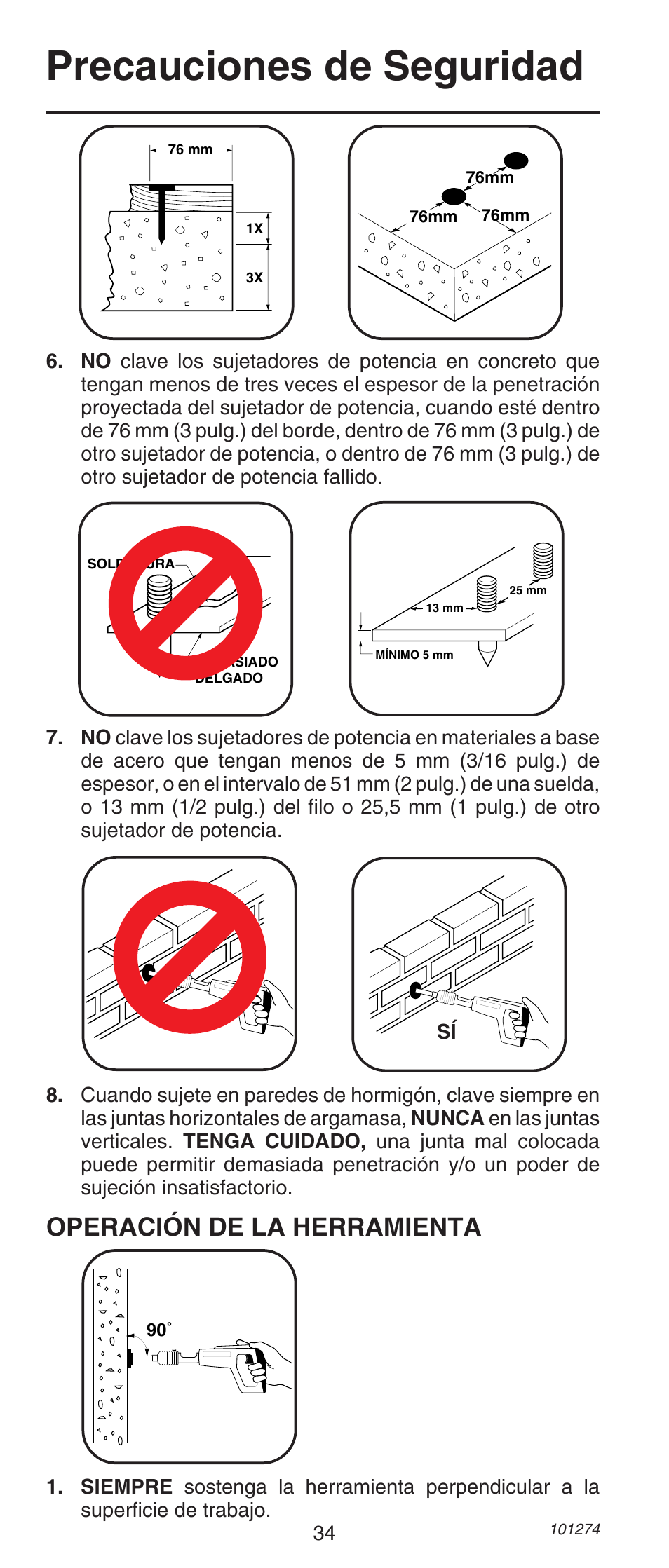Precauciones de seguridad, Operación de la herramienta | Remington 490 User Manual | Page 34 / 80