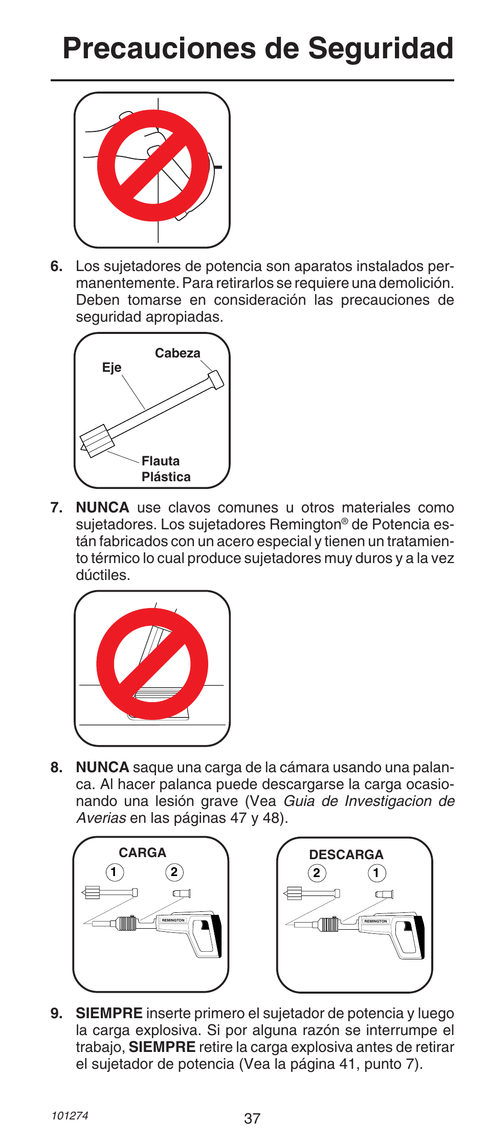 Precauciones de seguridad | Remington 490 User Manual | Page 37 / 80