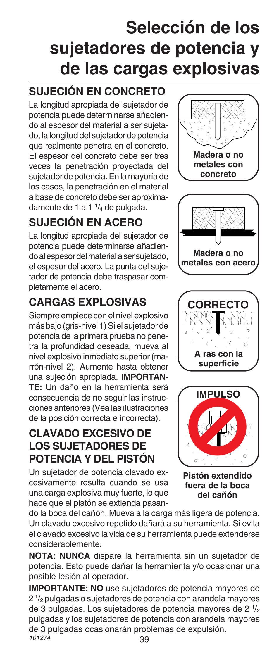 Sujeción en concreto, Sujeción en acero, Cargas explosivas | Correcto | Remington 490 User Manual | Page 39 / 80