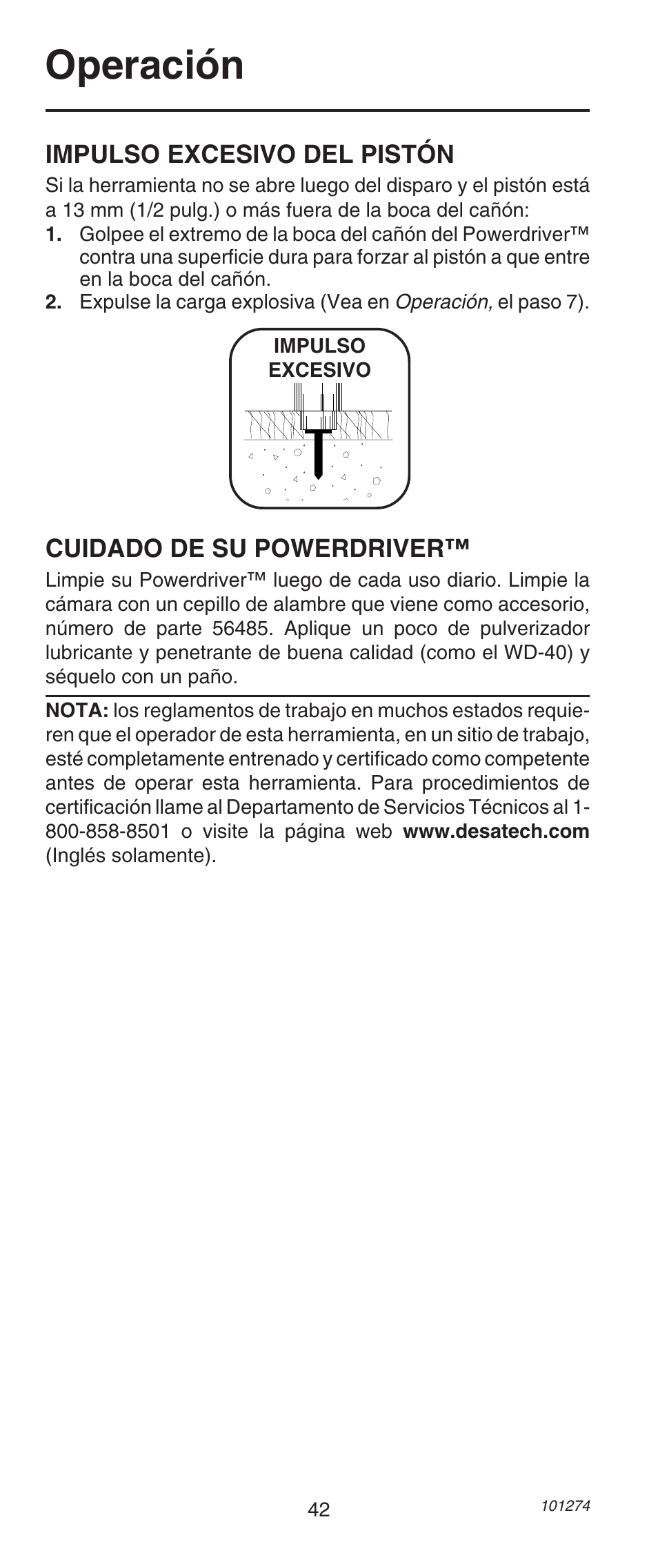 Operación, Cuidado de su powerdriver, Impulso excesivo del pistón | Remington 490 User Manual | Page 42 / 80