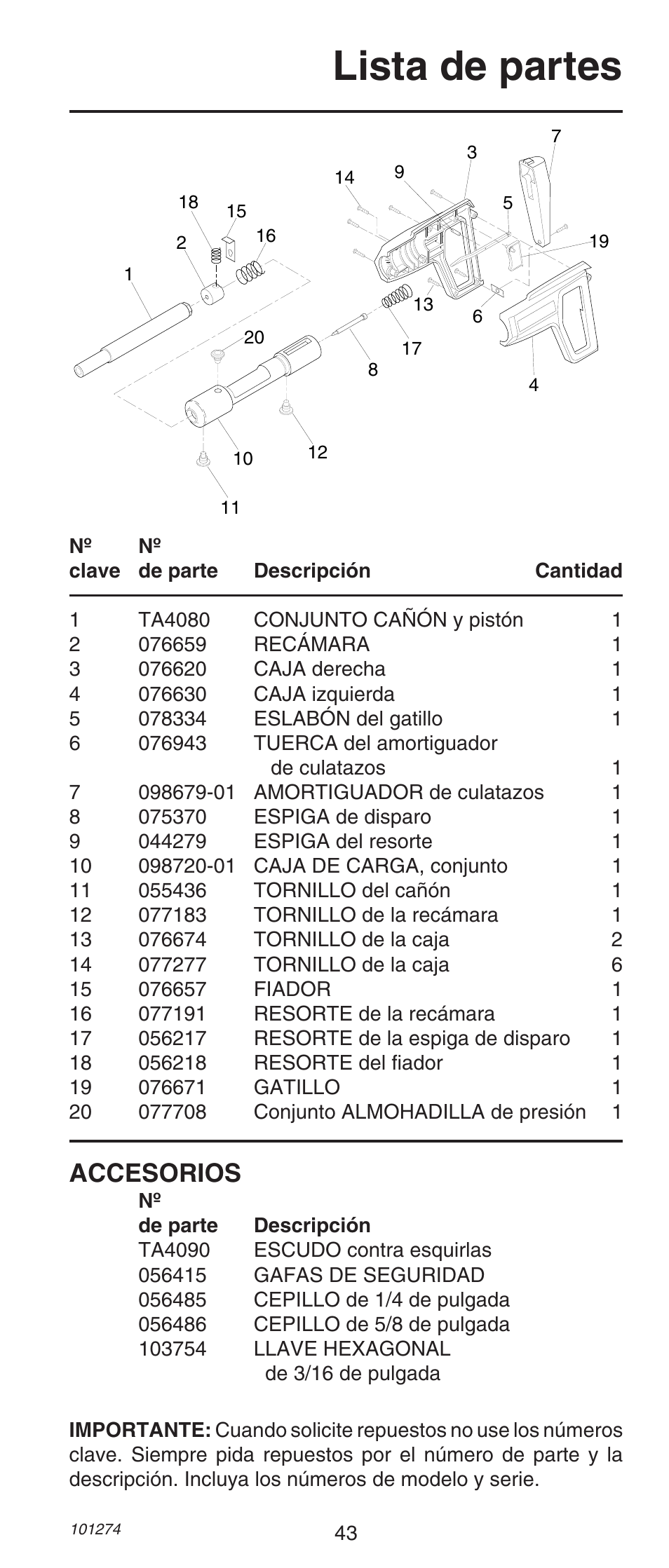 Lista de partes, Accesorios | Remington 490 User Manual | Page 43 / 80