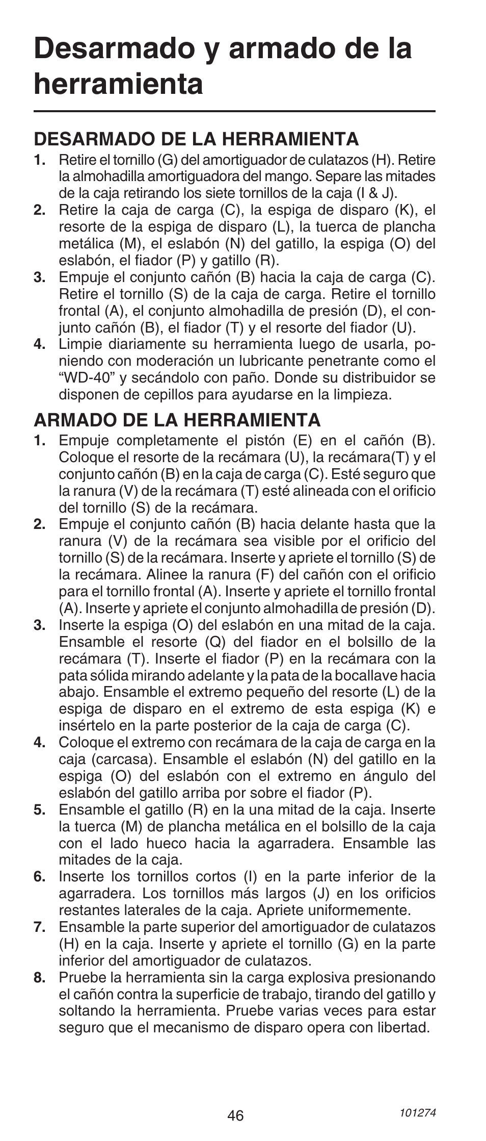 Desarmado y armado de la herramienta, Desarmado de la herramienta, Armado de la herramienta | Remington 490 User Manual | Page 46 / 80