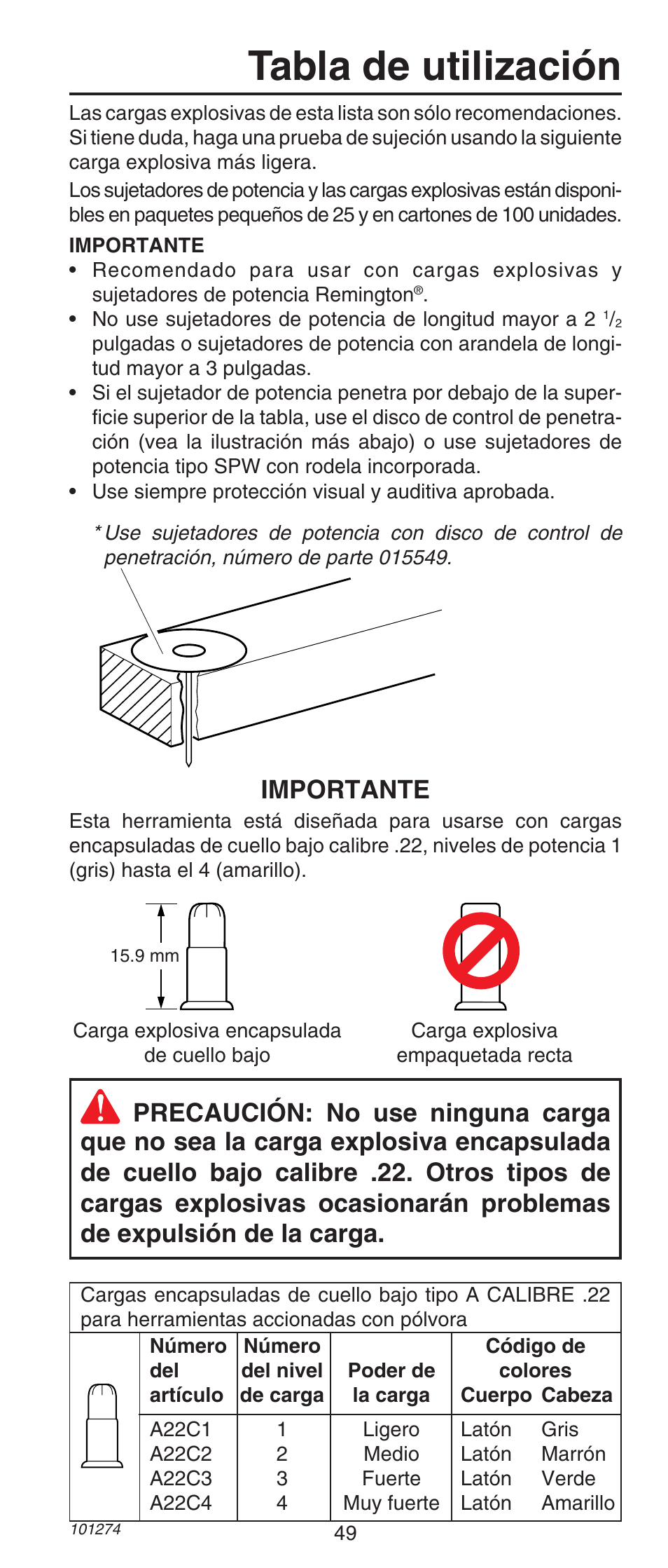 Tabla de utilización, Importante | Remington 490 User Manual | Page 49 / 80