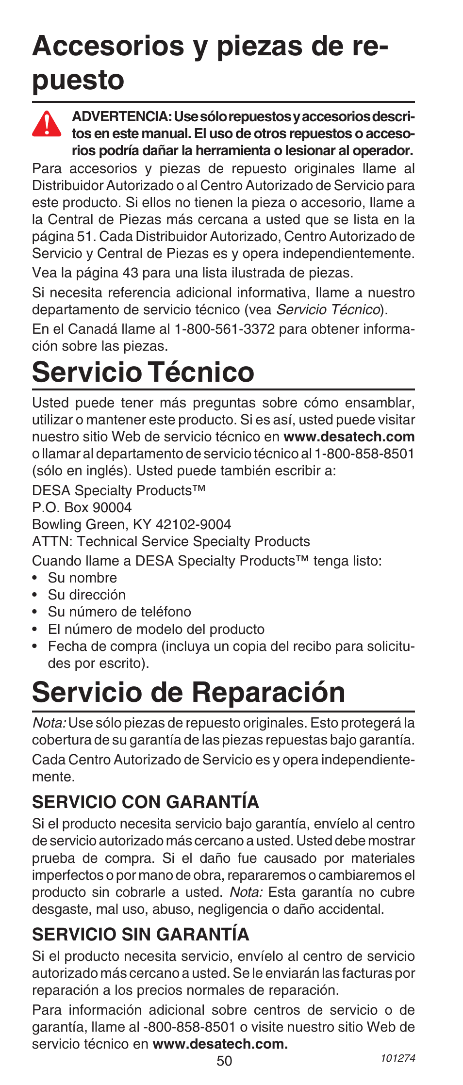 Servicio técnico | Remington 490 User Manual | Page 50 / 80