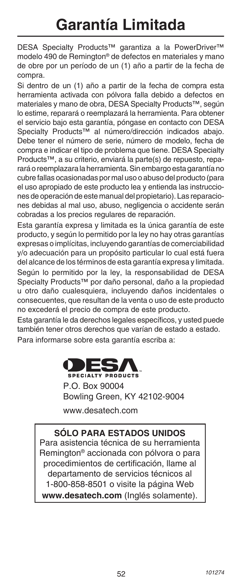 Garantía limitada | Remington 490 User Manual | Page 52 / 80