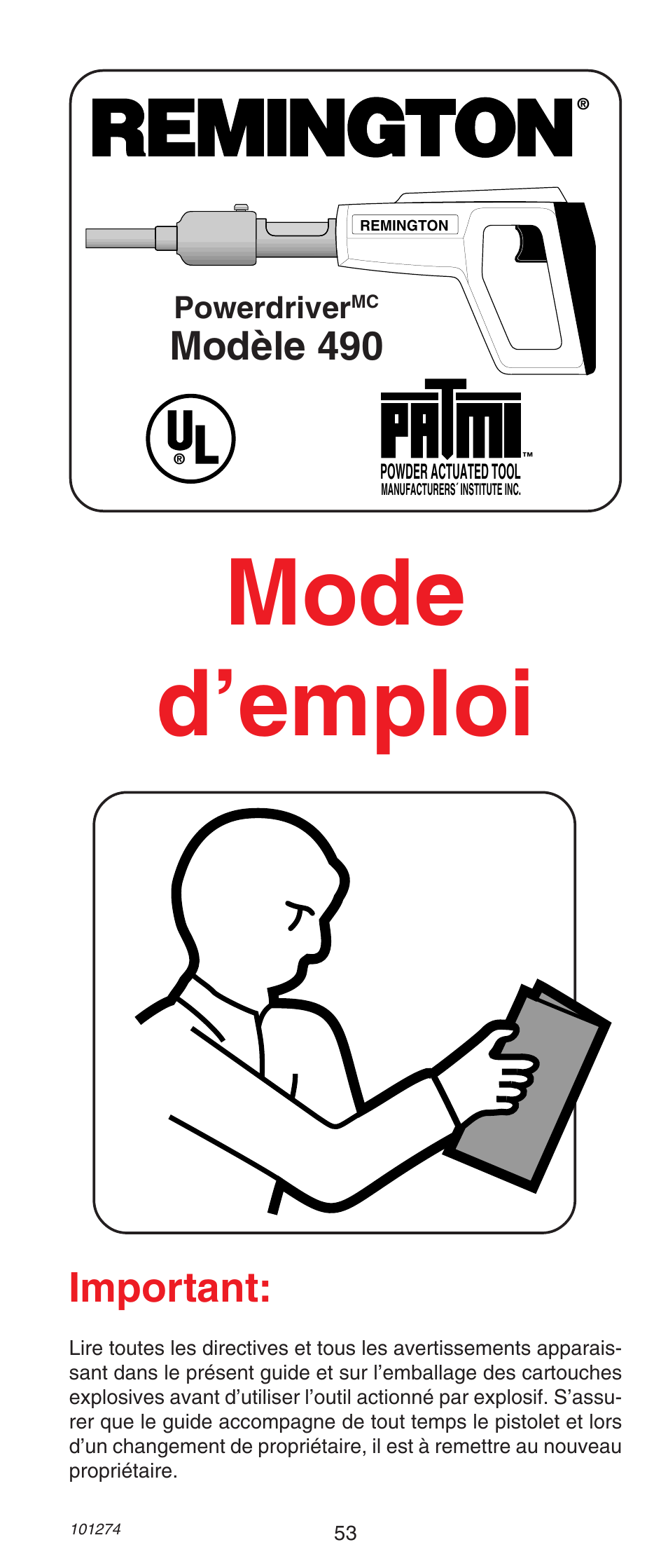 Mode d’emploi, Important, Modèle 490 | Powerdriver | Remington 490 User Manual | Page 53 / 80