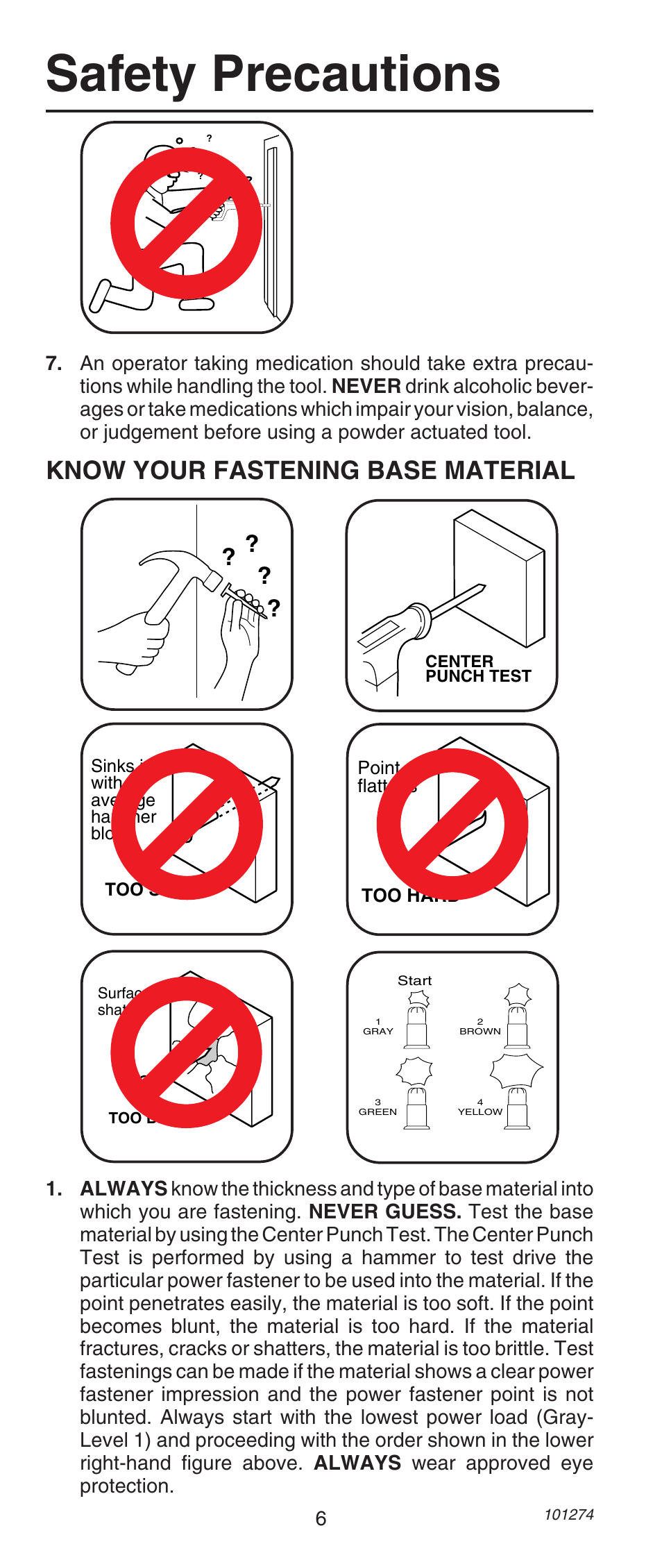 Safety precautions, Know your fastening base material, Too hard point flattens | Too soft sinks in with average hammer blow | Remington 490 User Manual | Page 6 / 80