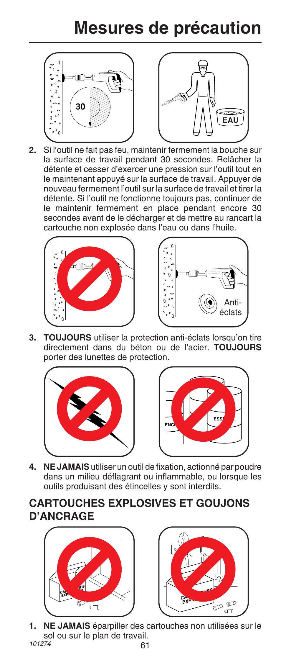 Mesures de précaution, Cartouches explosives et goujons d’ancrage | Remington 490 User Manual | Page 61 / 80