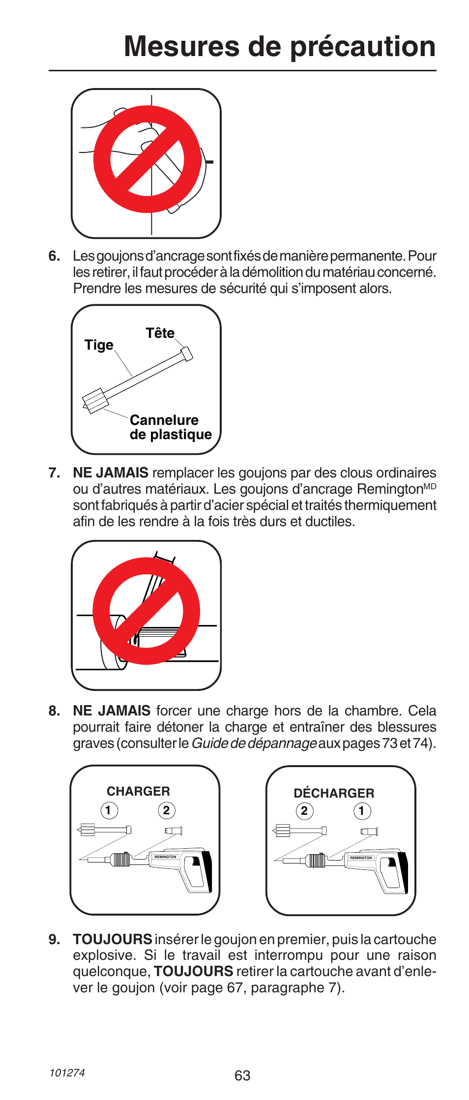 Mesures de précaution | Remington 490 User Manual | Page 63 / 80