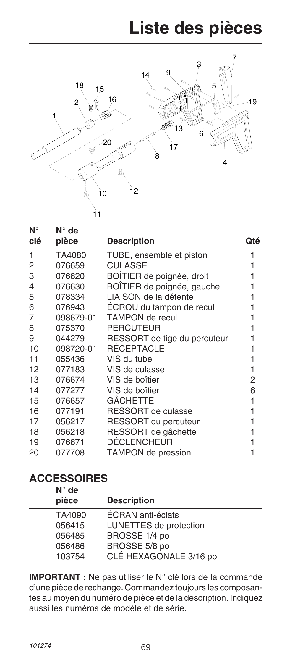 Liste des pièces, Accessoires | Remington 490 User Manual | Page 69 / 80
