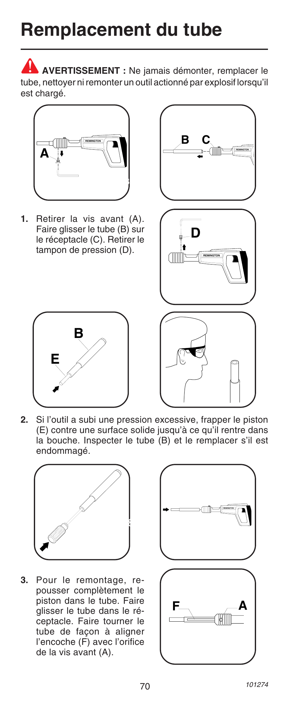 Remplacement du tube | Remington 490 User Manual | Page 70 / 80