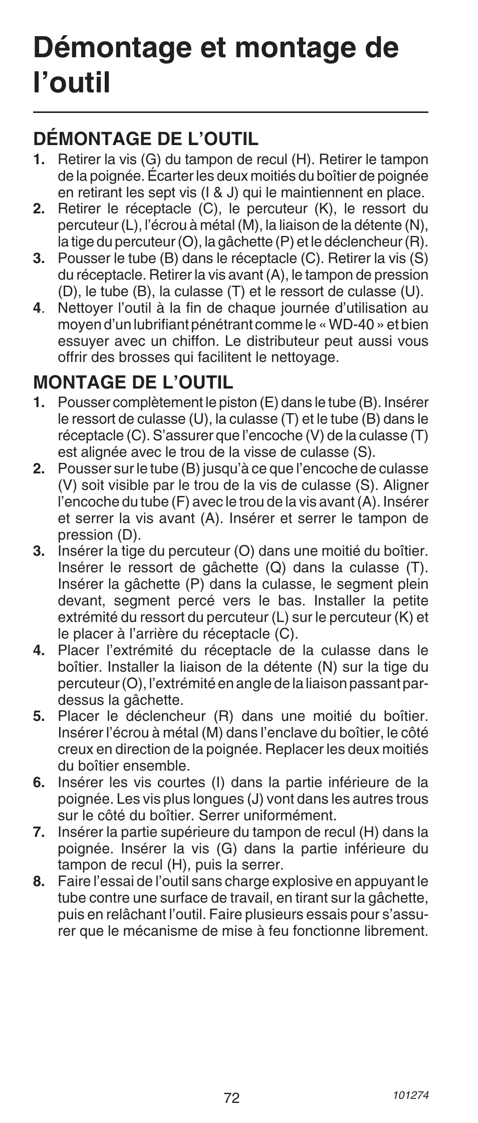 Démontage et montage de l’outil, Démontage de l’outil, Montage de l’outil | Remington 490 User Manual | Page 72 / 80