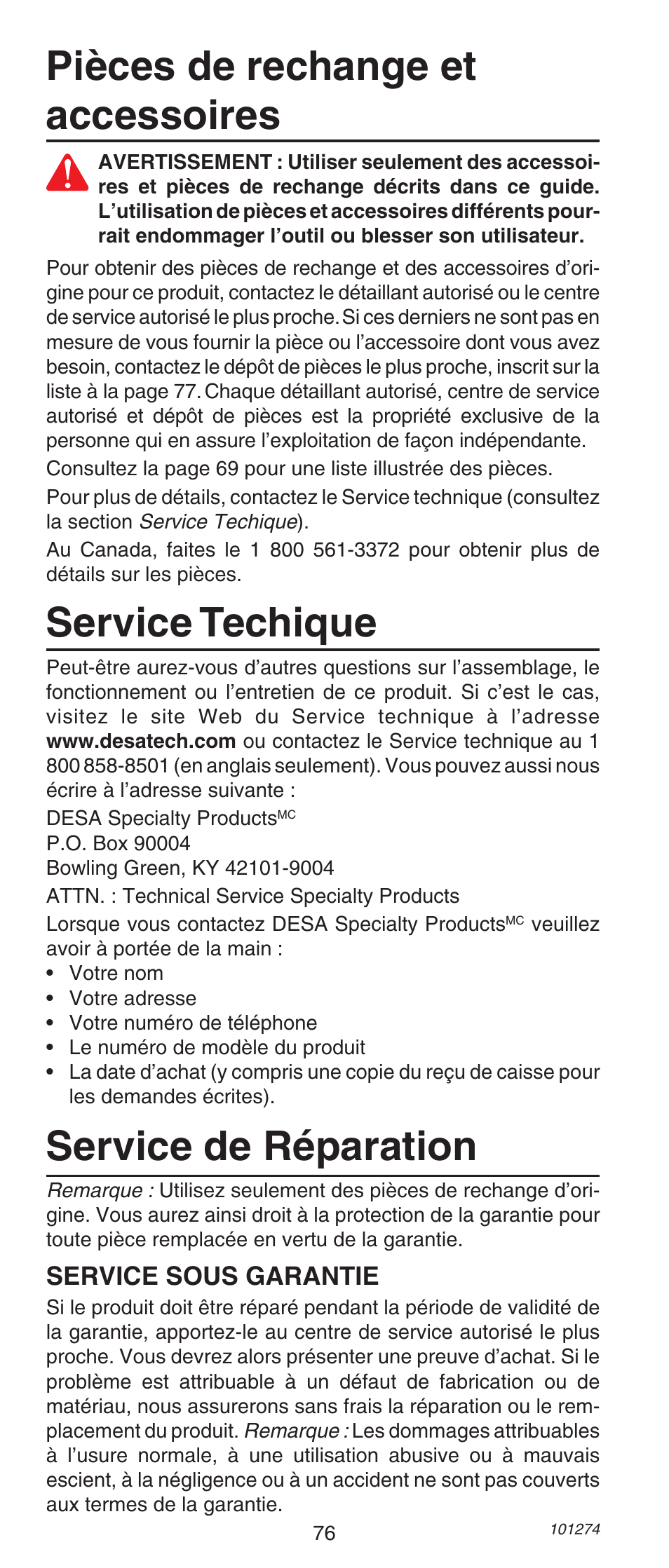 Service de réparation, Service techique, Pièces de rechange et accessoires | Service sous garantie | Remington 490 User Manual | Page 76 / 80
