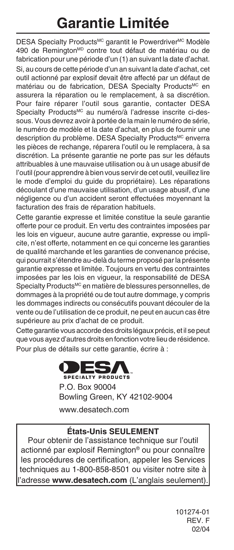 Garantie limitée | Remington 490 User Manual | Page 80 / 80
