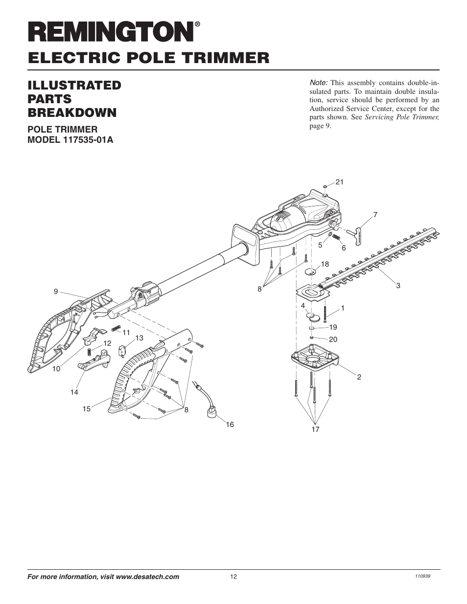 Electric pole trimmer, Illustrated parts breakdown | Remington 117535-01A User Manual | Page 12 / 44