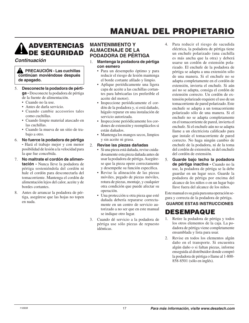 Manual del propietario, Advertencias de seguridad desempaque | Remington 117535-01A User Manual | Page 17 / 44