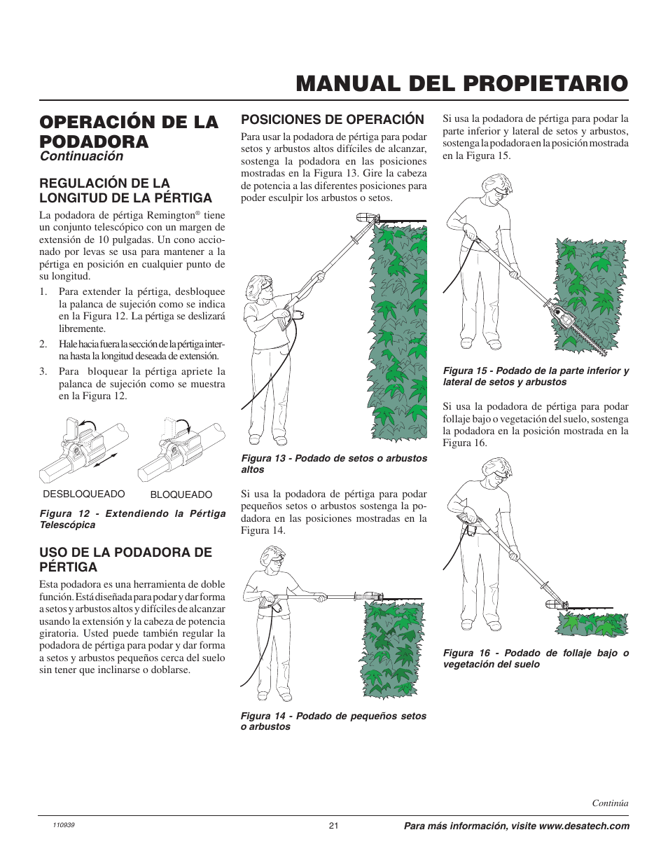 Manual del propietario, Operación de la podadora | Remington 117535-01A User Manual | Page 21 / 44