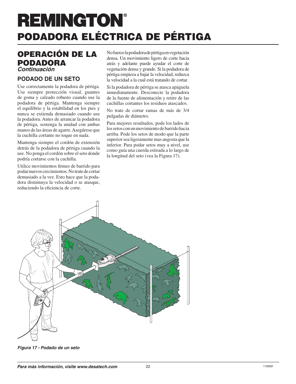 Podadora eléctrica de pértiga, Operación de la podadora | Remington 117535-01A User Manual | Page 22 / 44