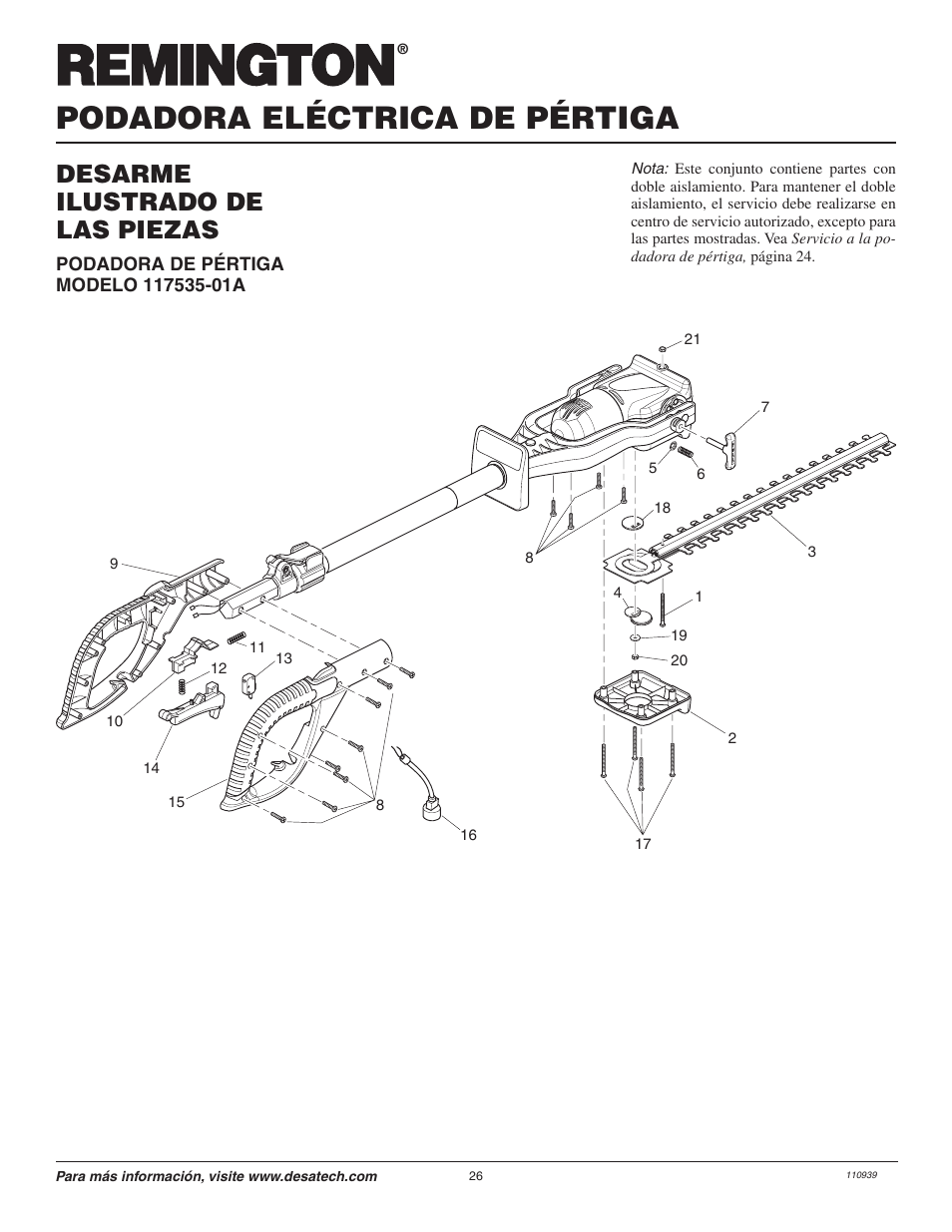 Podadora eléctrica de pértiga, Desarme ilustrado de las piezas | Remington 117535-01A User Manual | Page 26 / 44