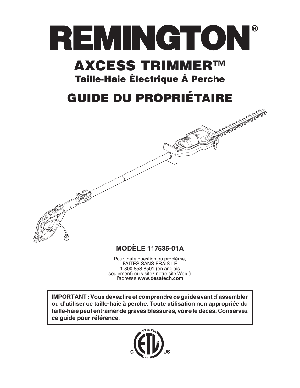 Axcess trimmer, Guide du propriétaire, Taille-haie électrique à perche | Remington 117535-01A User Manual | Page 30 / 44