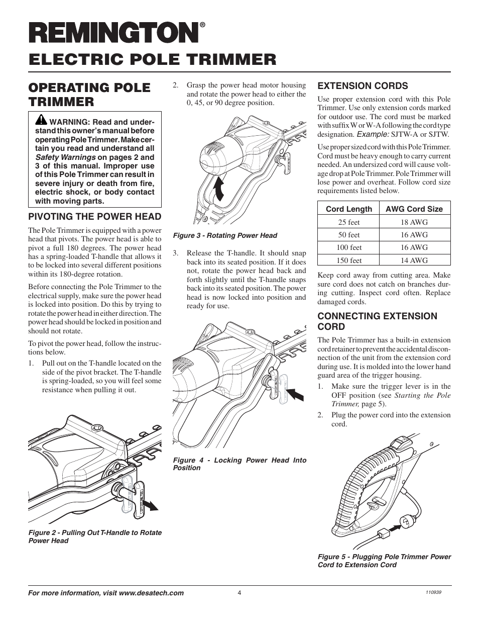 Electric pole trimmer, Operating pole trimmer | Remington 117535-01A User Manual | Page 4 / 44