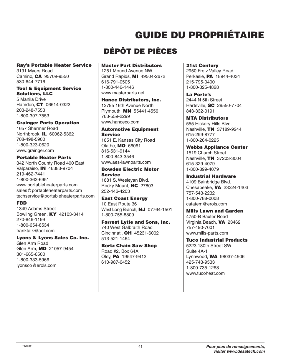 Guide du propriétaire, Dépôt de pièces | Remington 117535-01A User Manual | Page 41 / 44