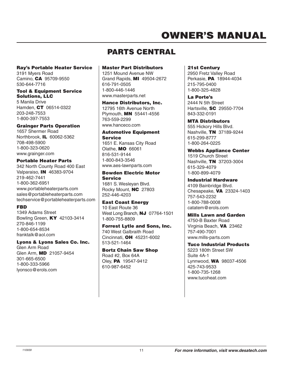 Owner’s manual, Parts central | Remington Axcess 110946-01A User Manual | Page 11 / 44