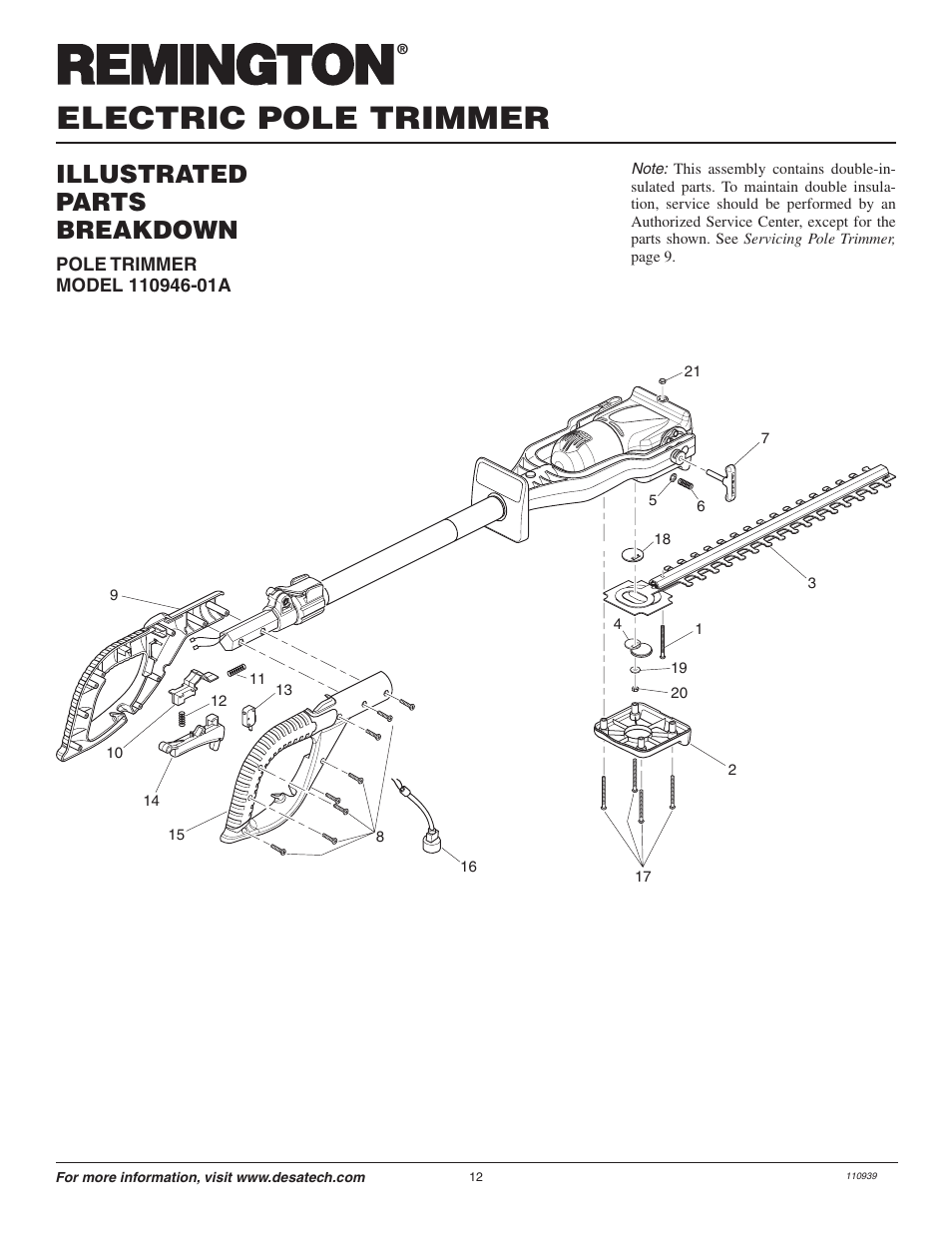 Electric pole trimmer, Illustrated parts breakdown | Remington Axcess 110946-01A User Manual | Page 12 / 44