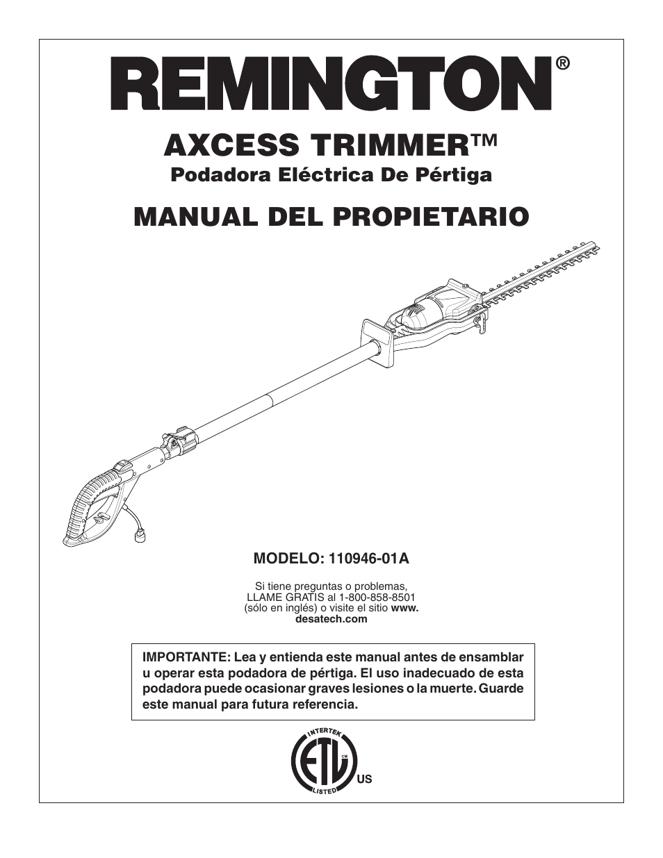 Axcess trimmer, Manual del propietario, Podadora eléctrica de pértiga | Remington Axcess 110946-01A User Manual | Page 15 / 44