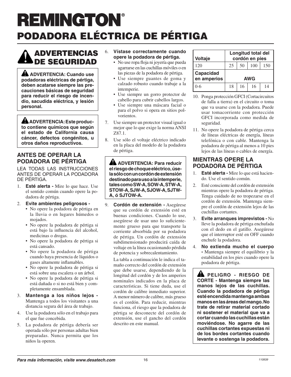 Podadora eléctrica de pértiga, Advertencias de seguridad | Remington Axcess 110946-01A User Manual | Page 16 / 44