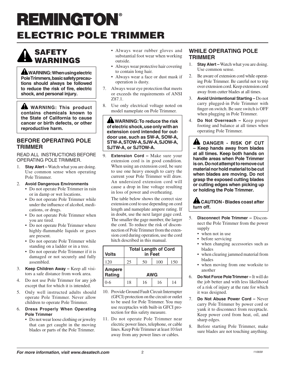 Electric pole trimmer, Safety warnings | Remington Axcess 110946-01A User Manual | Page 2 / 44