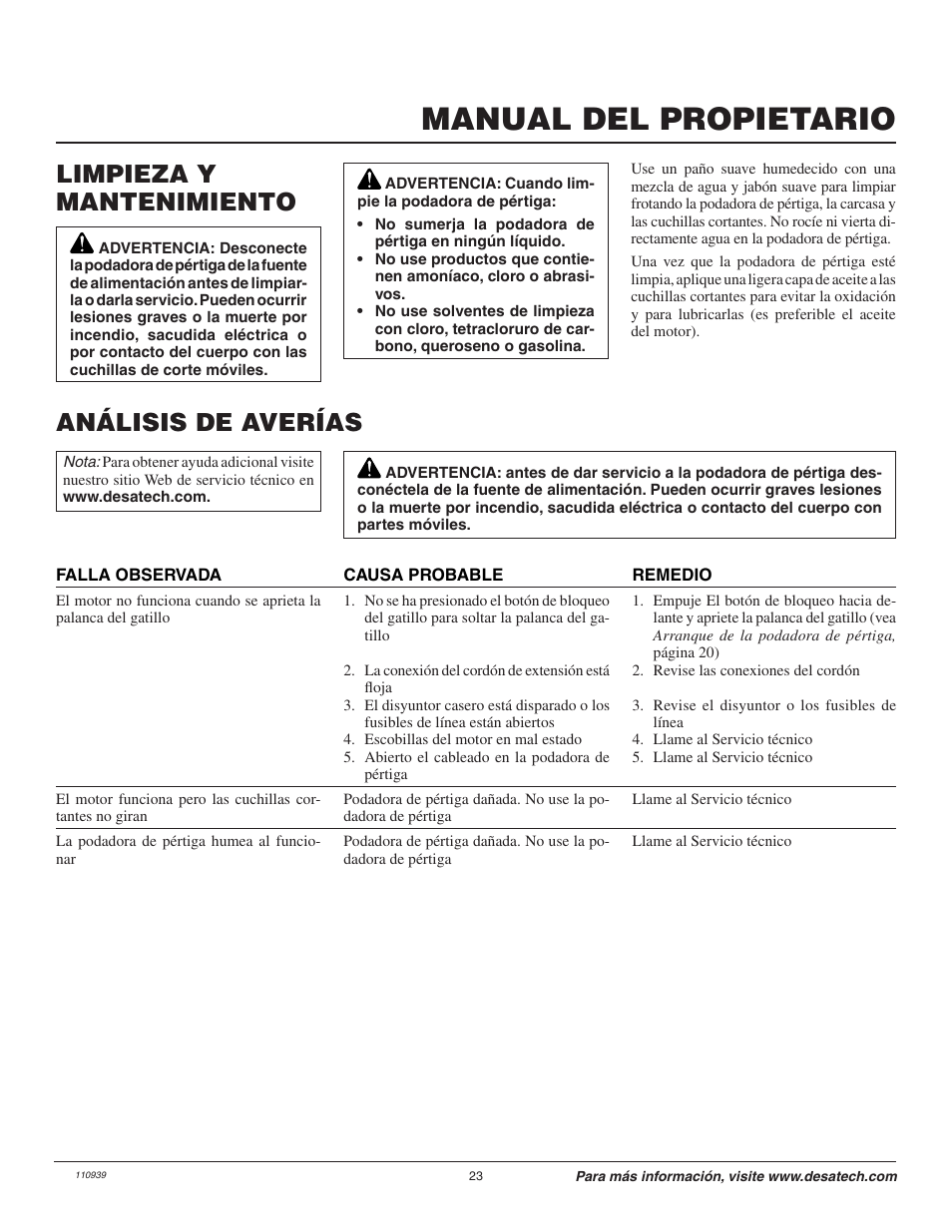 Manual del propietario, Análisis de averías, Limpieza y mantenimiento | Remington Axcess 110946-01A User Manual | Page 23 / 44