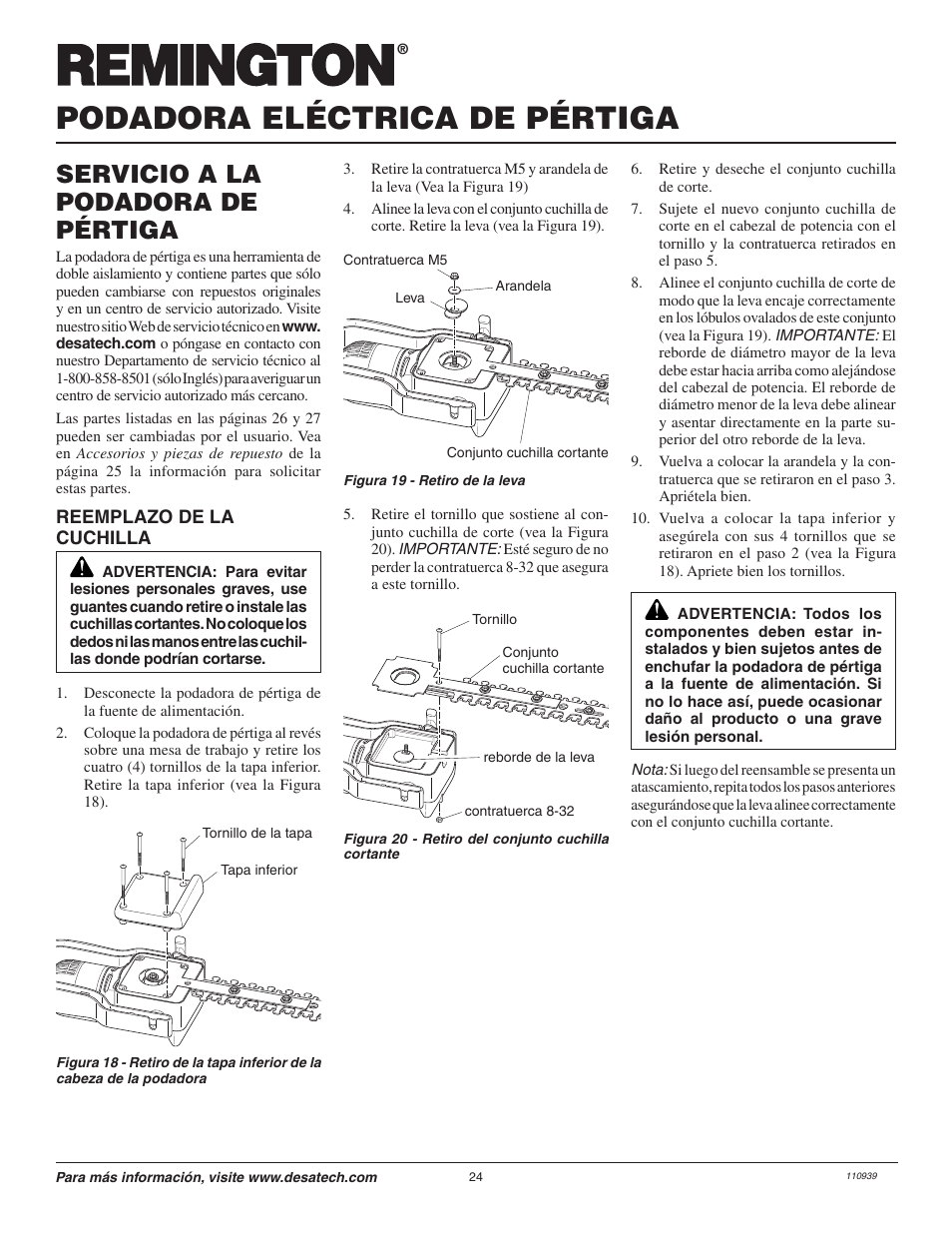 Podadora eléctrica de pértiga, Servicio a la podadora de pértiga | Remington Axcess 110946-01A User Manual | Page 24 / 44