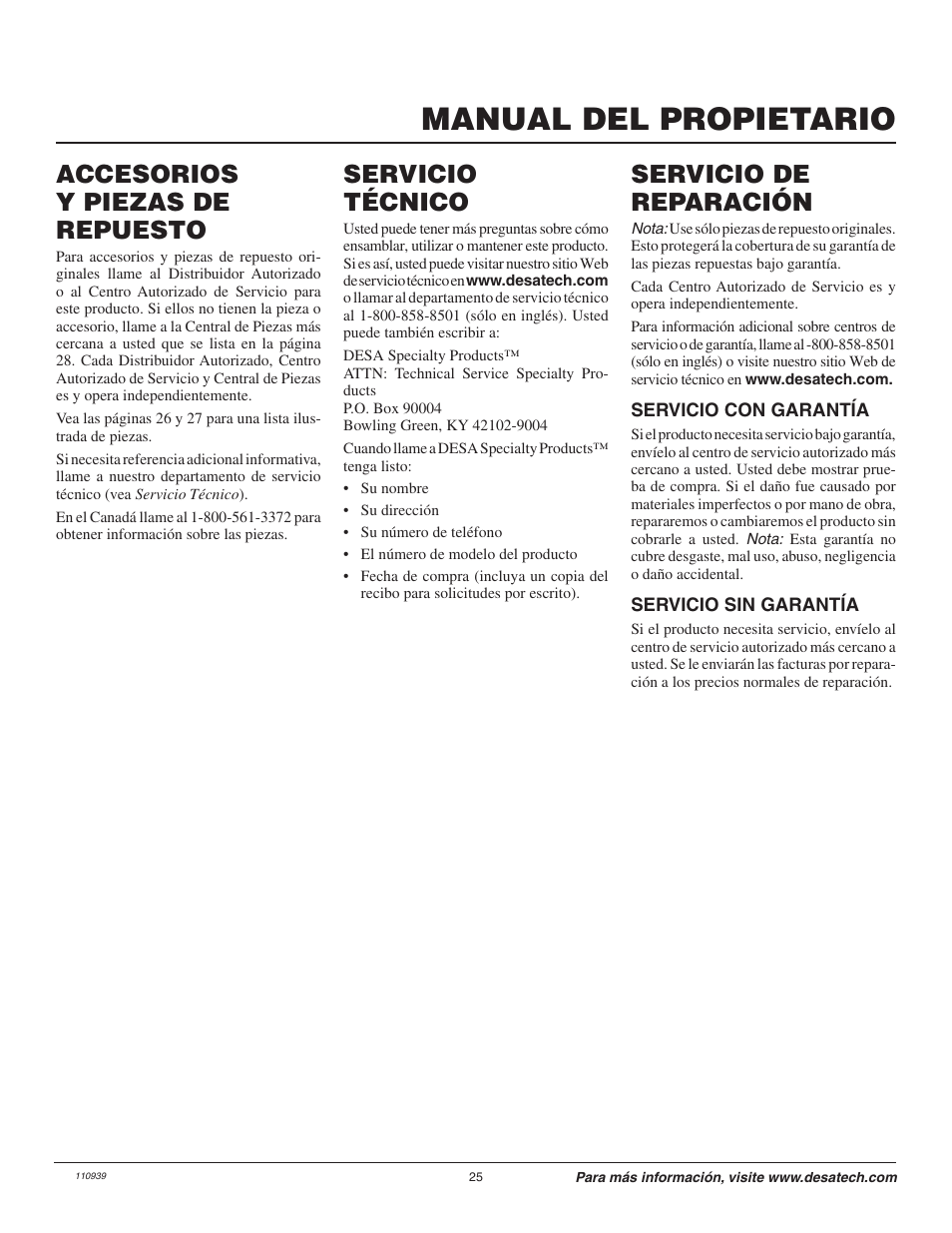 Manual del propietario, Servicio técnico, Servicio de reparación | Accesorios y piezas de repuesto | Remington Axcess 110946-01A User Manual | Page 25 / 44