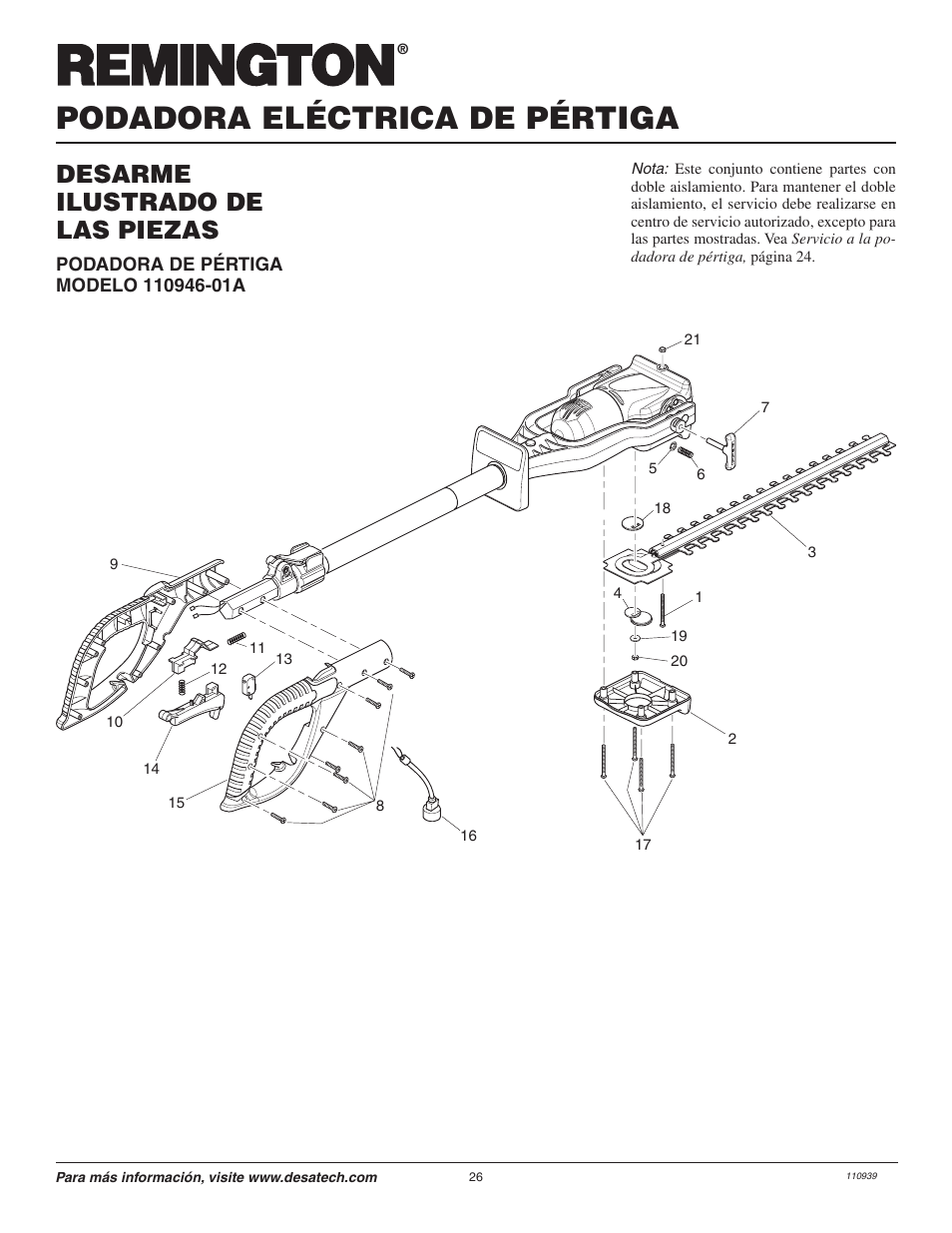 Podadora eléctrica de pértiga, Desarme ilustrado de las piezas | Remington Axcess 110946-01A User Manual | Page 26 / 44