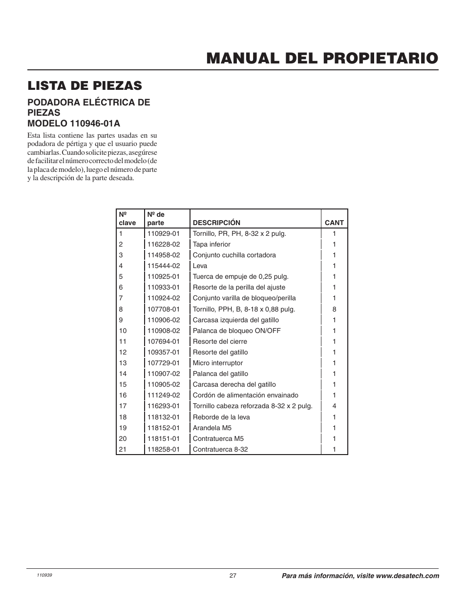 Manual del propietario, Lista de piezas | Remington Axcess 110946-01A User Manual | Page 27 / 44