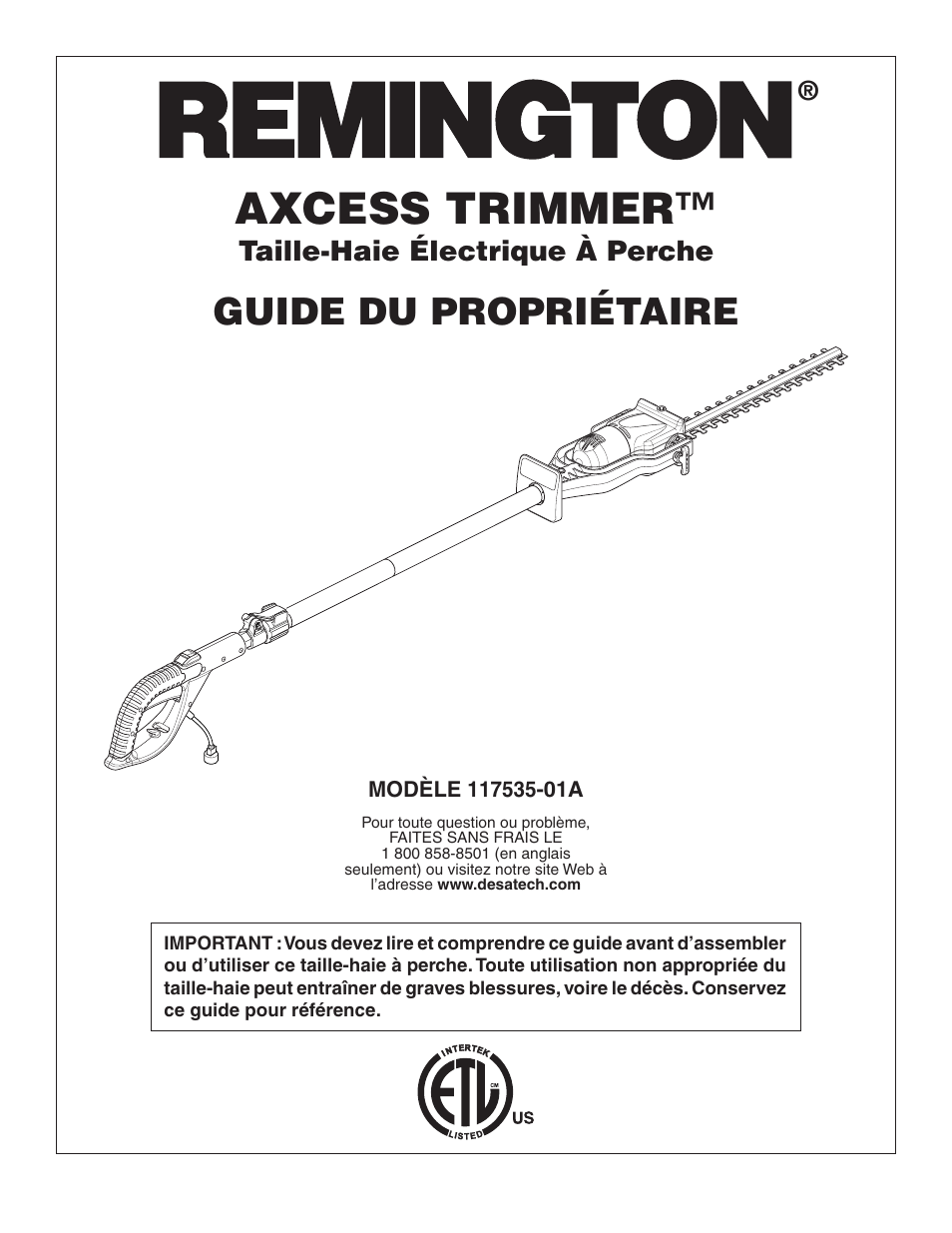 Axcess trimmer, Guide du propriétaire, Taille-haie électrique à perche | Remington Axcess 110946-01A User Manual | Page 30 / 44