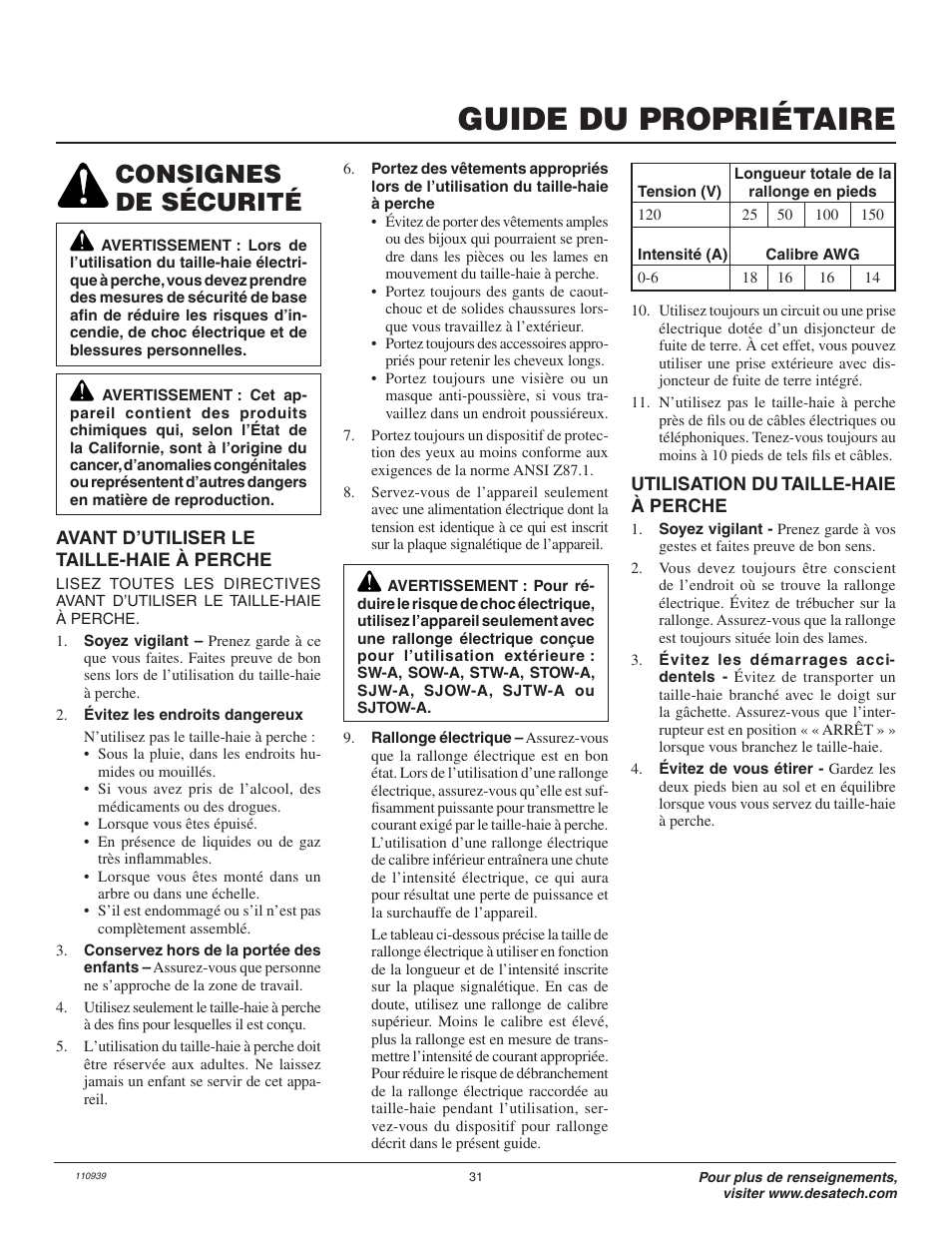 Guide du propriétaire, Consignes de sécurité | Remington Axcess 110946-01A User Manual | Page 31 / 44