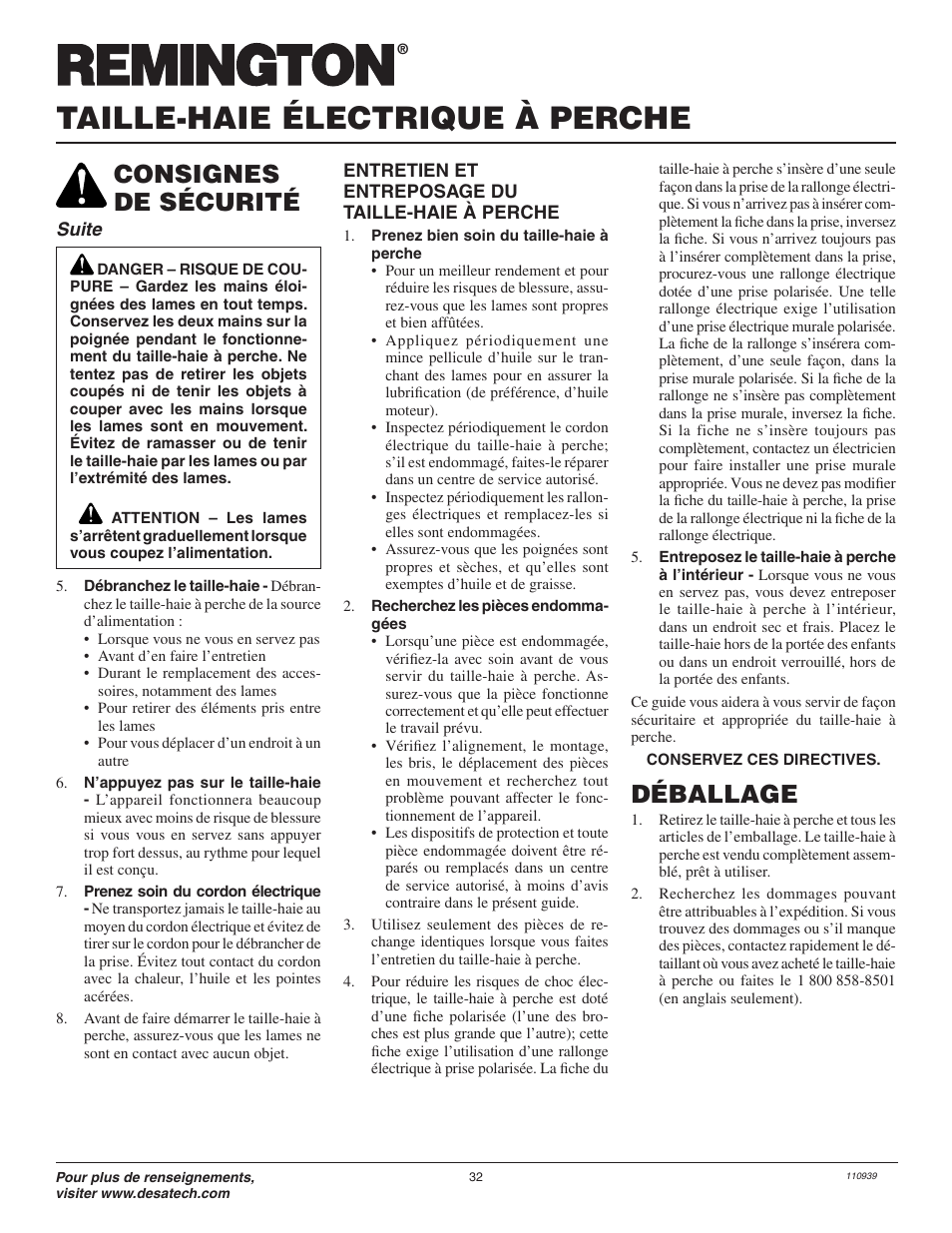 Taille-haie électrique à perche, Consignes de sécurité déballage | Remington Axcess 110946-01A User Manual | Page 32 / 44