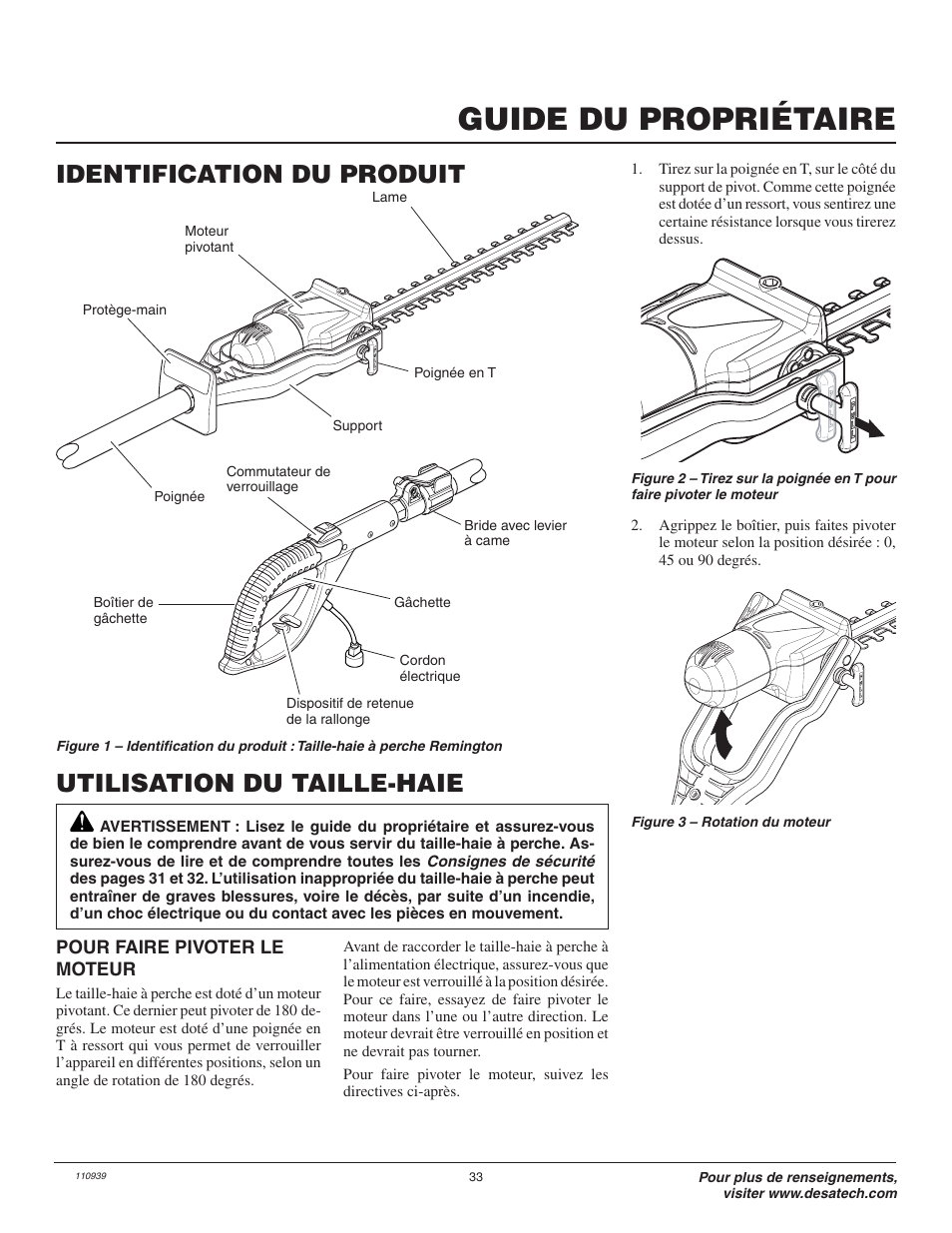 Guide du propriétaire, Utilisation du taille-haie, Identification du produit | Remington Axcess 110946-01A User Manual | Page 33 / 44