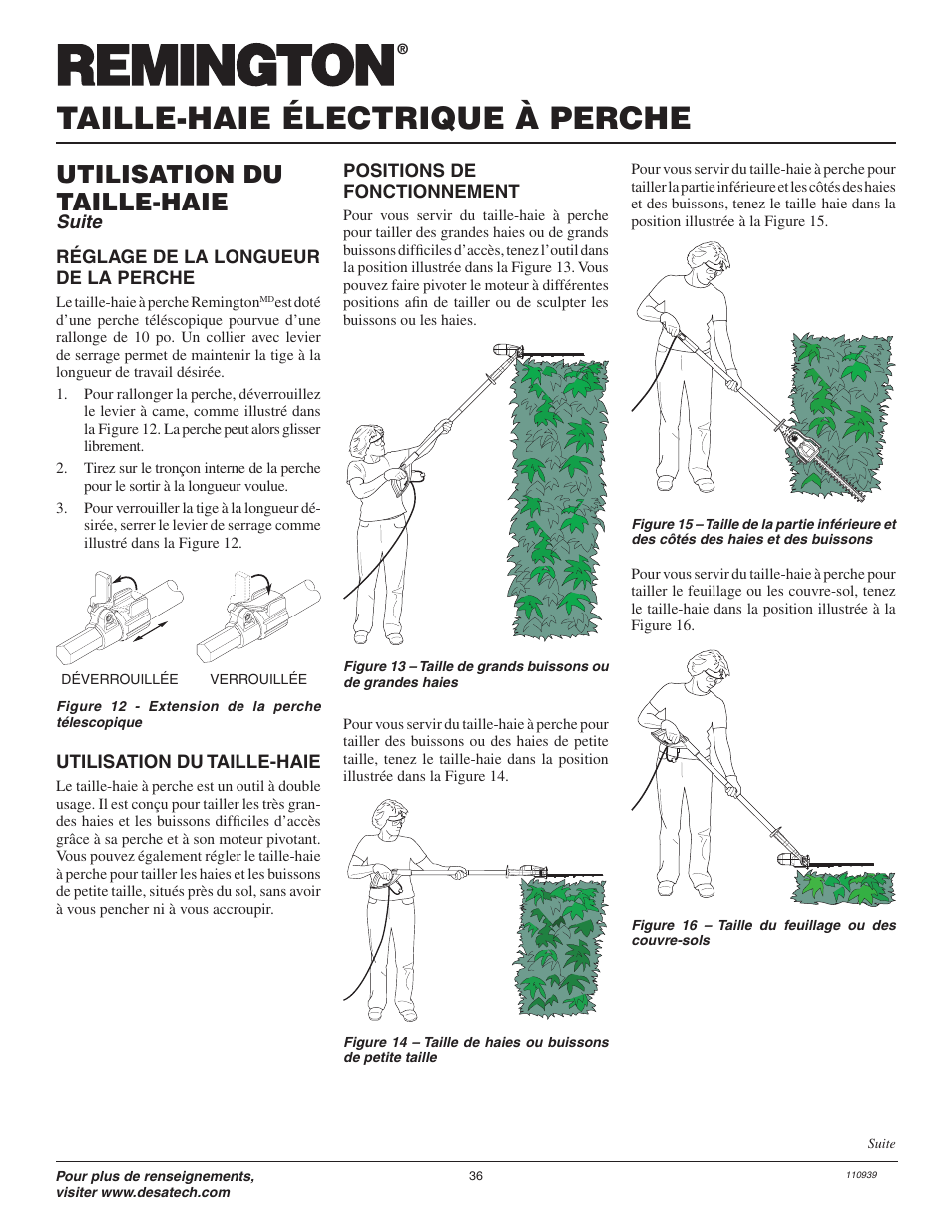 Taille-haie électrique à perche, Utilisation du taille-haie | Remington Axcess 110946-01A User Manual | Page 36 / 44