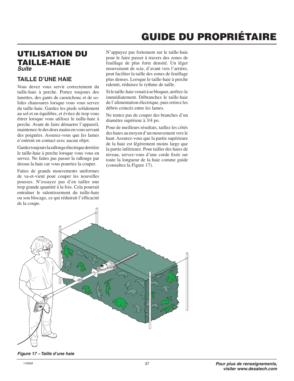 Guide du propriétaire, Utilisation du taille-haie | Remington Axcess 110946-01A User Manual | Page 37 / 44