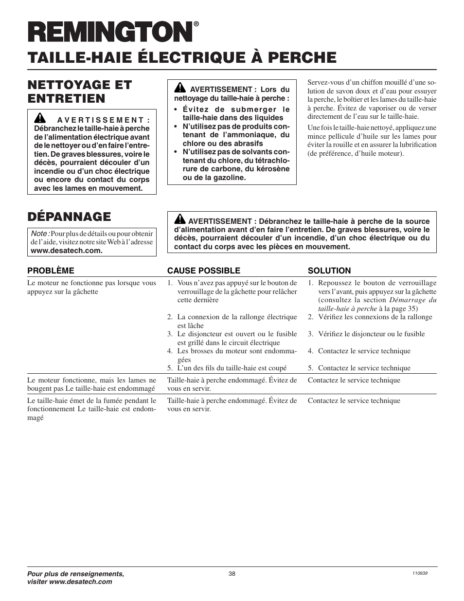 Taille-haie électrique à perche, Nettoyage et entretien, Dépannage | Remington Axcess 110946-01A User Manual | Page 38 / 44