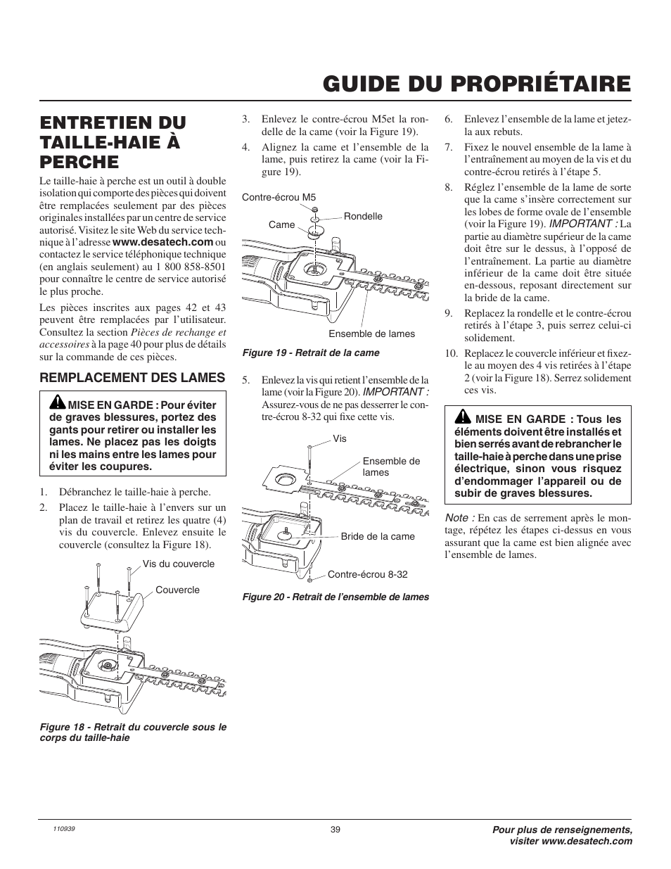 Guide du propriétaire, Entretien du taille-haie à perche | Remington Axcess 110946-01A User Manual | Page 39 / 44