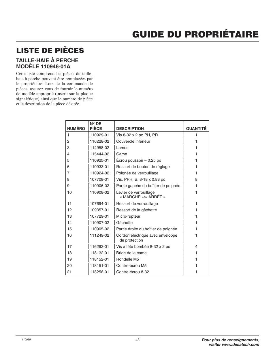 Guide du propriétaire, Liste de pièces | Remington Axcess 110946-01A User Manual | Page 43 / 44