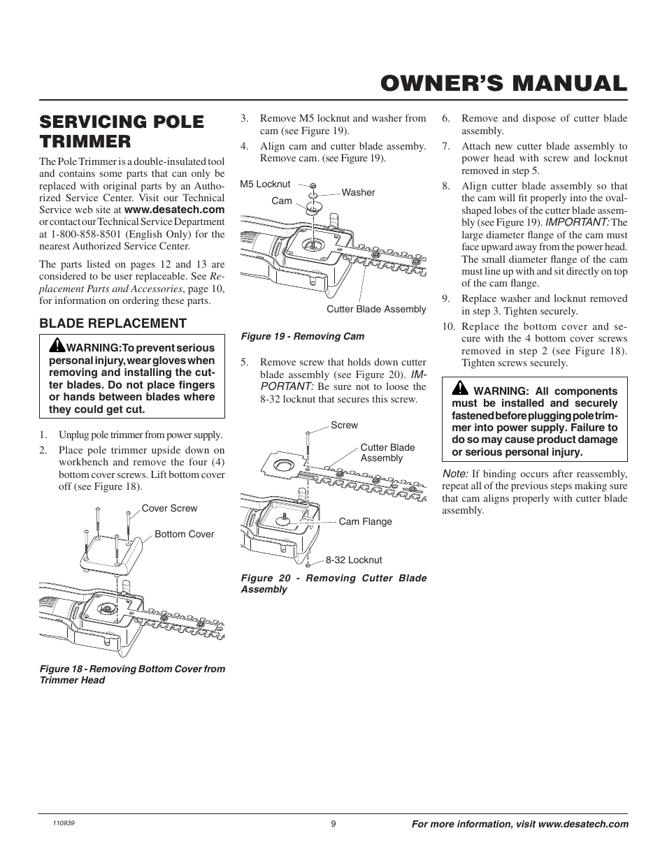 Owner’s manual, Servicing pole trimmer | Remington Axcess 110946-01A User Manual | Page 9 / 44