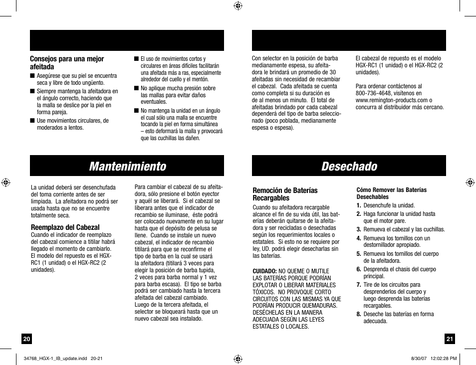 Mantenimiento, Desechado | Remington Men's Shaver User Manual | Page 11 / 19